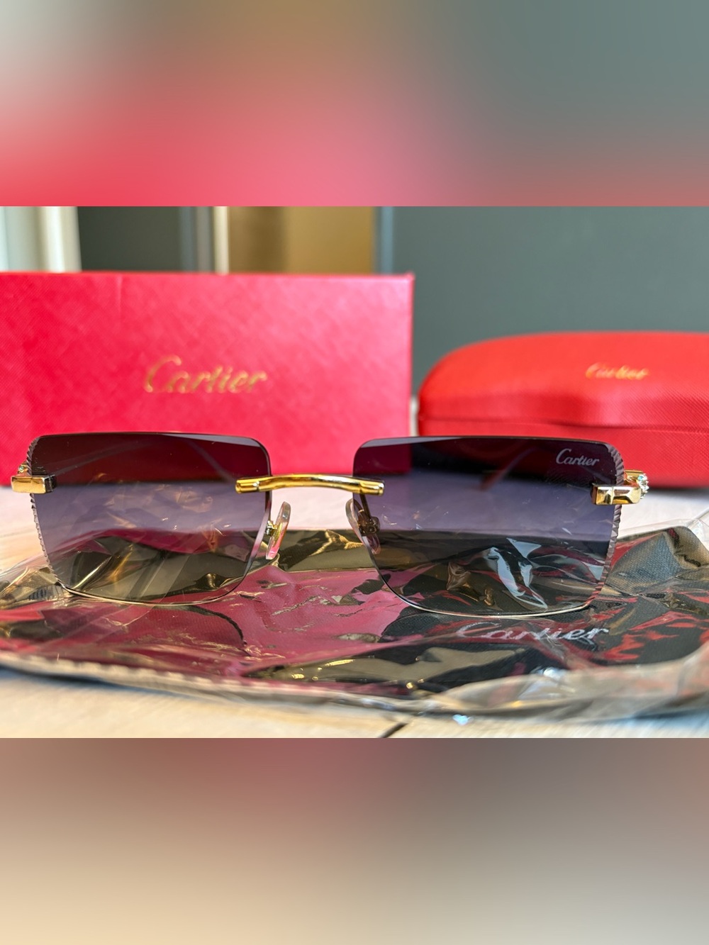 Cartier Rimless Sunglasses with Purple Gradient Lenses and Gold Bridge